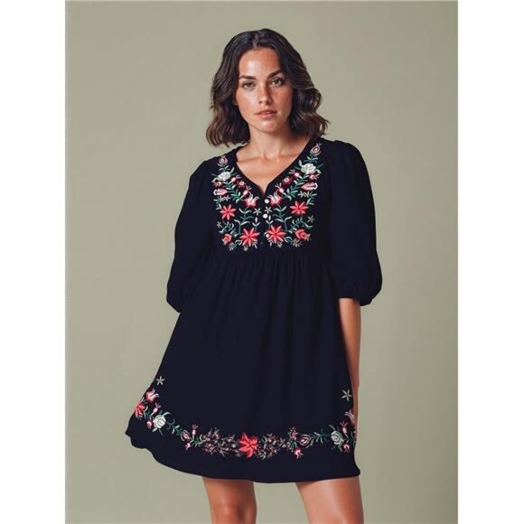 Kafeimali Women's Summer Mini Dress Bohemian Embroidery Tunic Shift Blouse - Picture 5 of 8